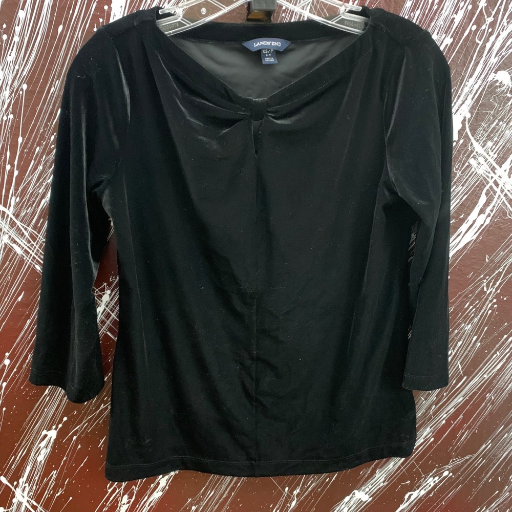 Lands End Womens Black Velvet Twist Keyhole Boat Neck 3/4 Sleeve Top XS 2-4